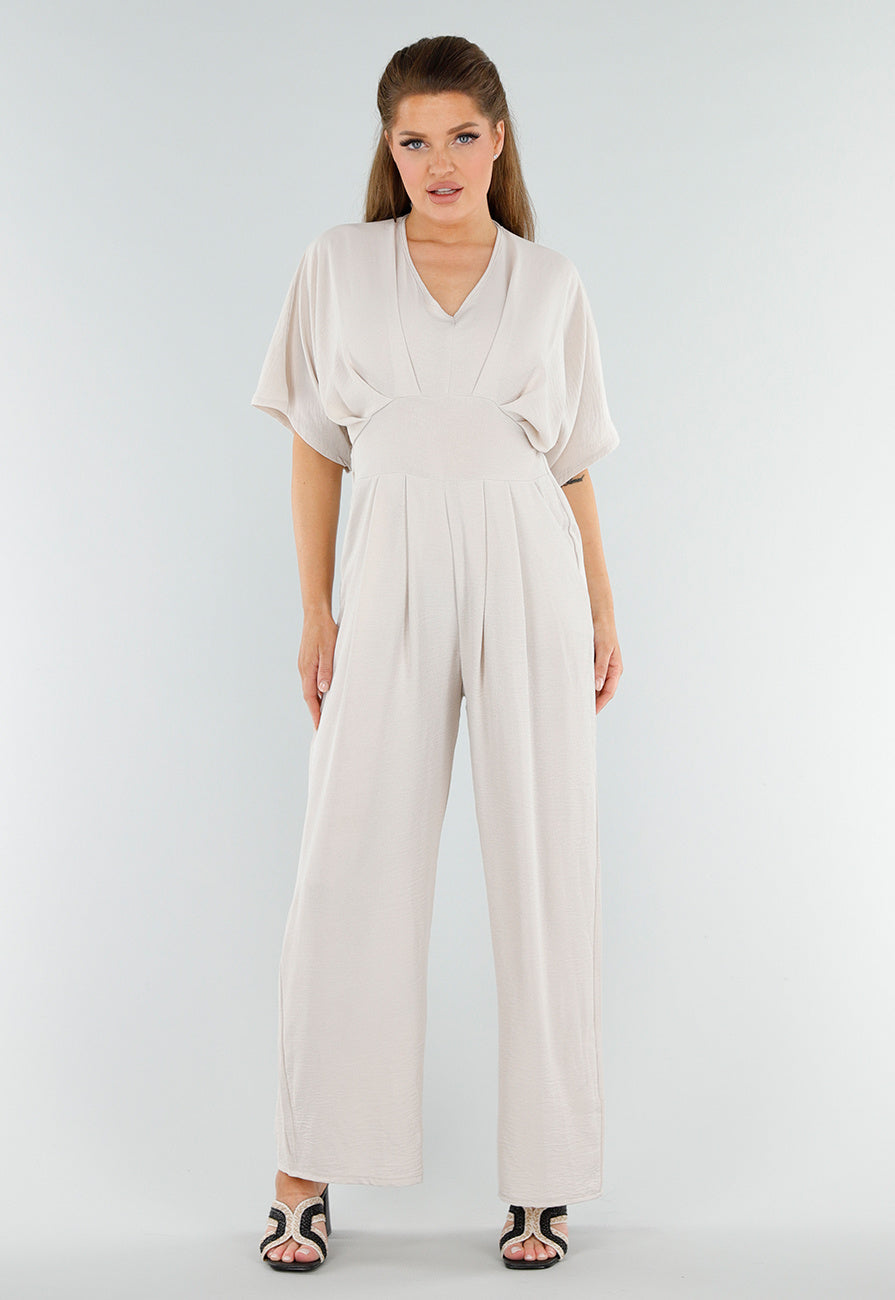Beige Linnenlook Jumpsuit met Wijde Pijpen en Lage V-Hals