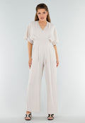 Beige Linnenlook Jumpsuit met Wijde Pijpen en Lage V-Hals