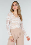 Witte Kant Bodysuit met Stretch en Beige Onderlaag