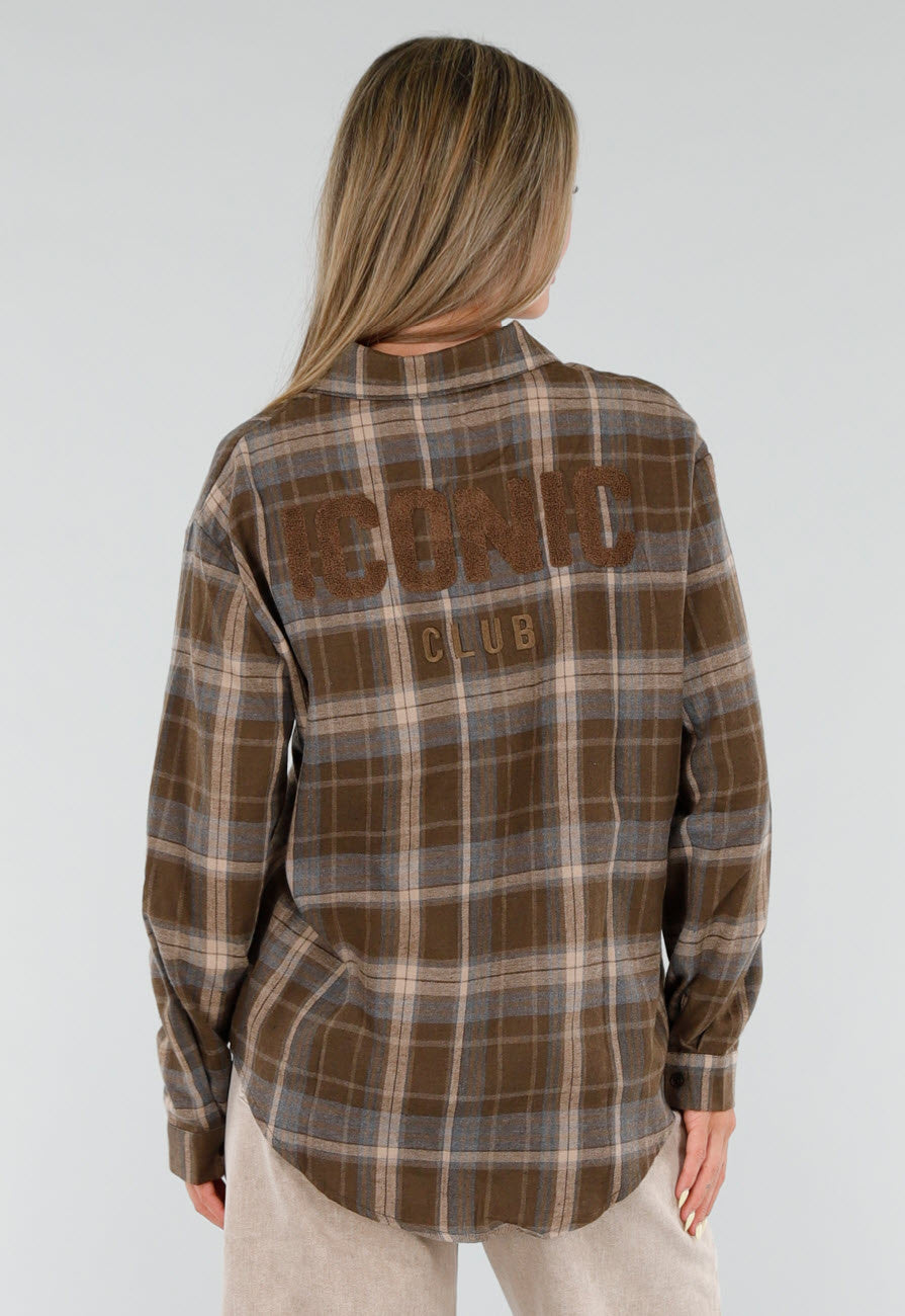 NEW120826 Bruine Geruite Blouse met Lange Mouwen en Iconic Club Tekst
