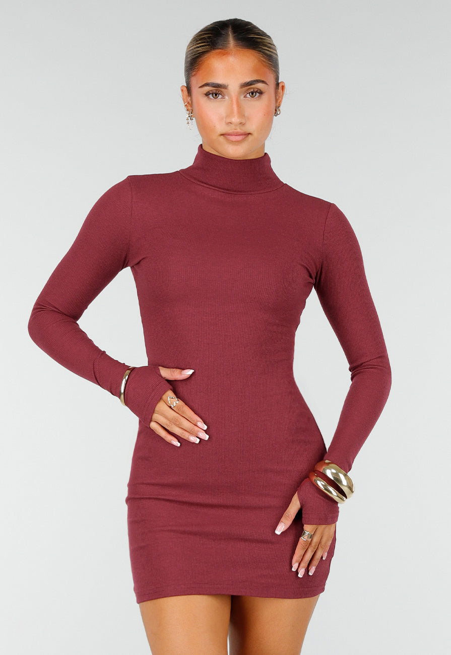 NEW260826 Bordeaux Rib Midi Jurk met Col en Lange Mouwen