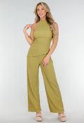 Groene Haltertop en Wijde Broek Set met Stretch