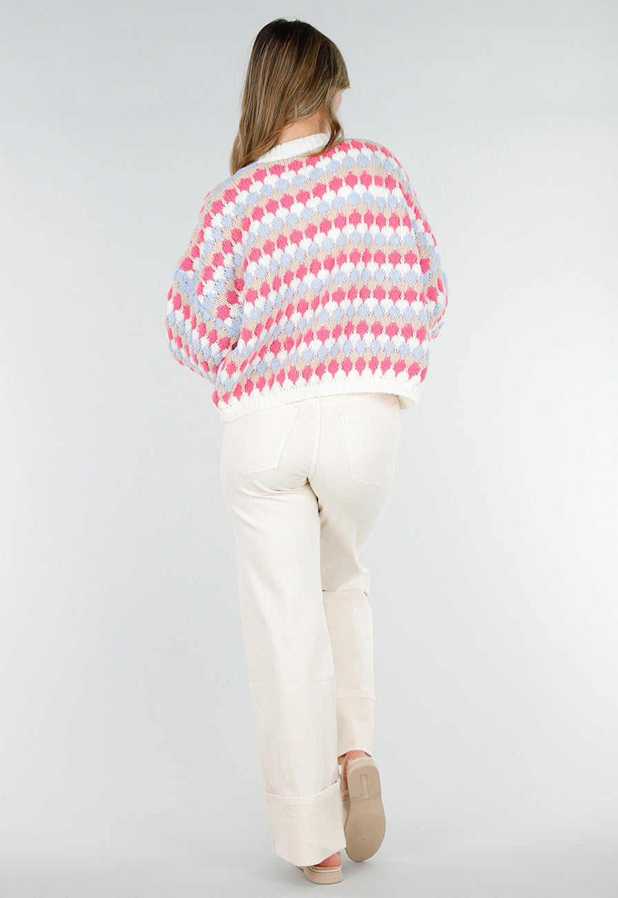 Gebreid Vest met Roze en Blauwe Ruitprint