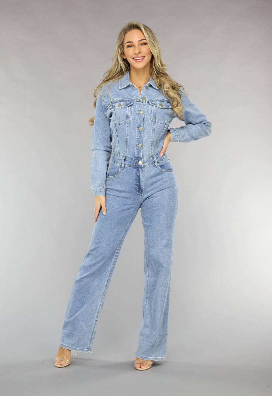 Redial Jeans Blauwe Longsleeve Straight Leg Spijker Jumpsuit