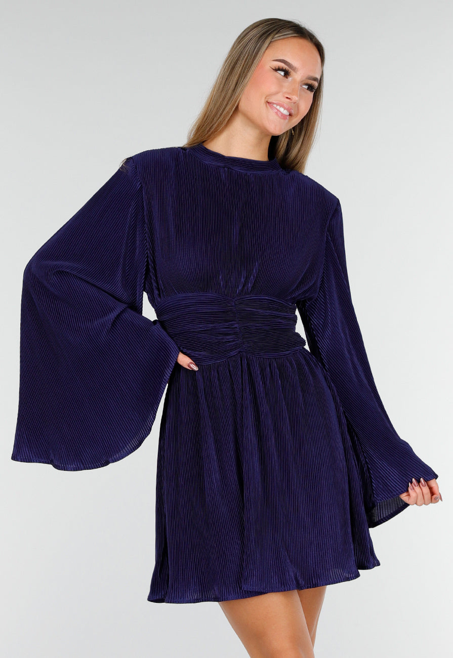 Navy Blauwe Jurk met Plissé en Ruche Taille