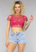 Roze Mesh Parel Top met Korte Mouwen