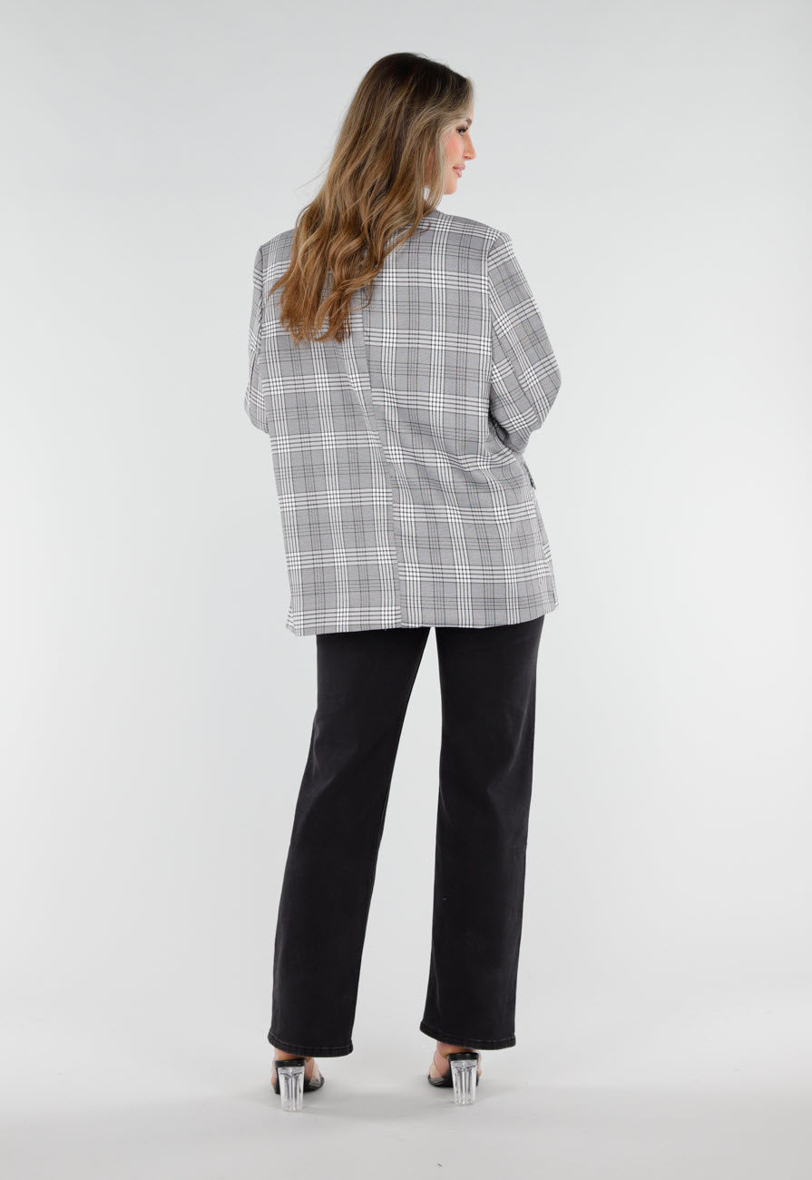 Grijze Geruite Blazer met Lange Mouwen en Knopen