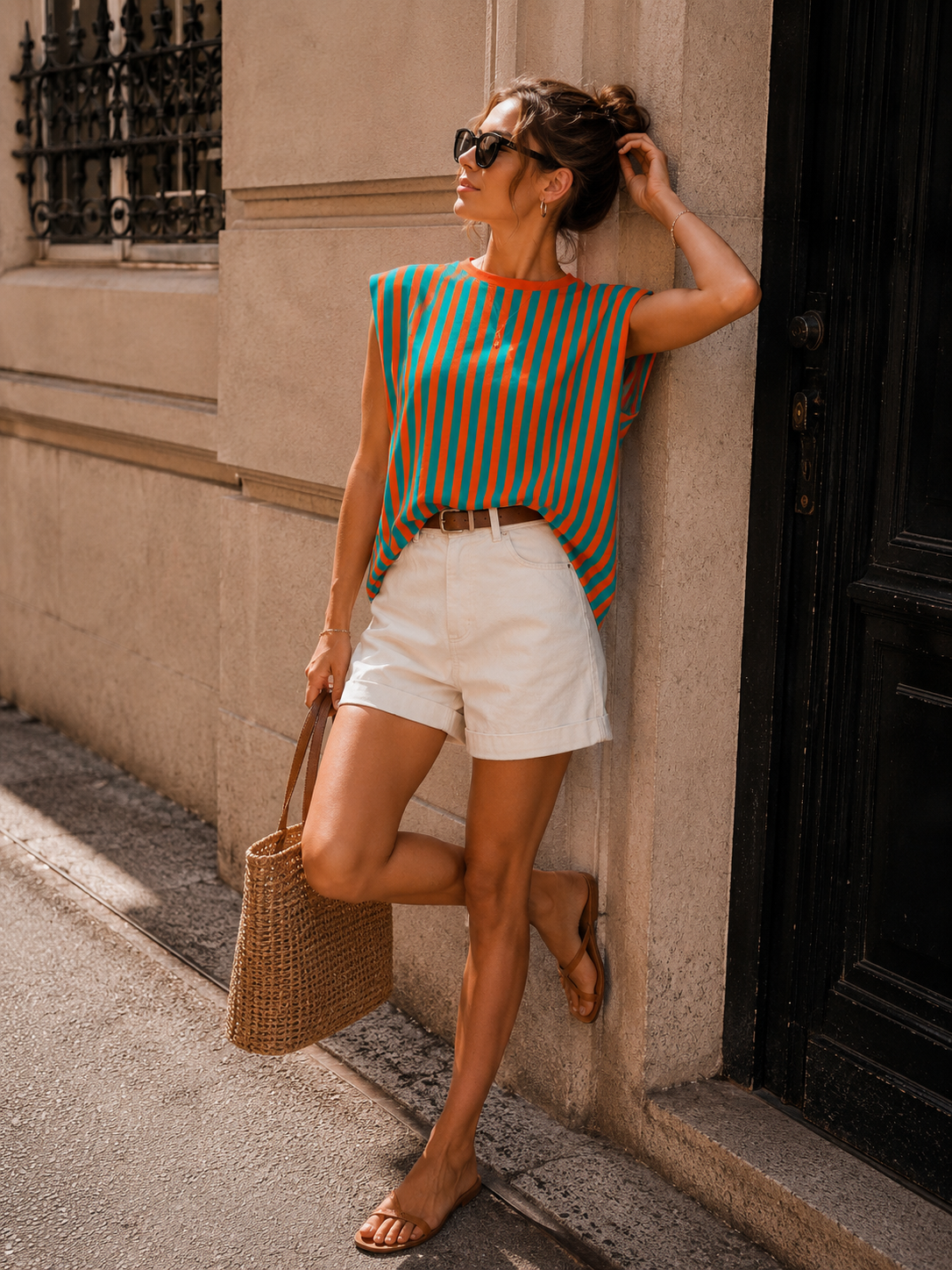 NEW150726 Turquoise Gestreepte Top met Schoudervullingen en Mommy Opdruk