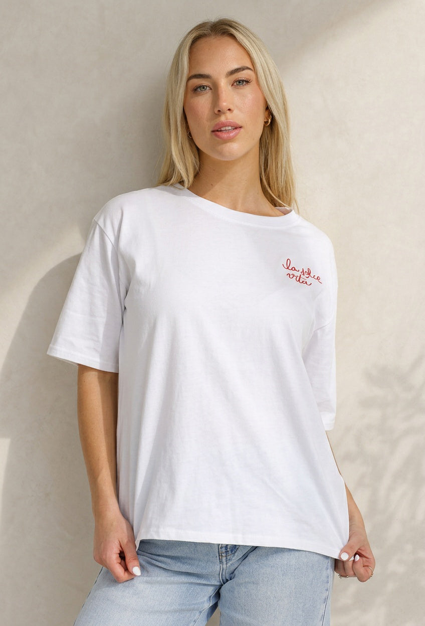 Wit Katoenen T-shirt met La Dolce Vita Print en Korte Mouwen
