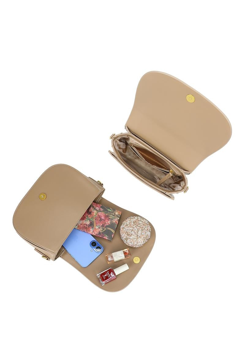 Beige Crossbody Tas met Brede Band en Gouden Accenten