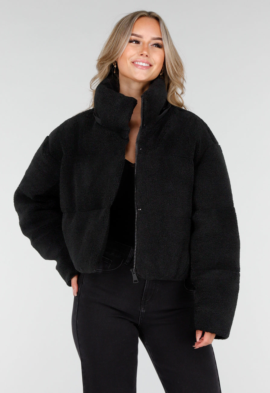 Zwarte Teddy Jas met Capuchon en Ritsluiting