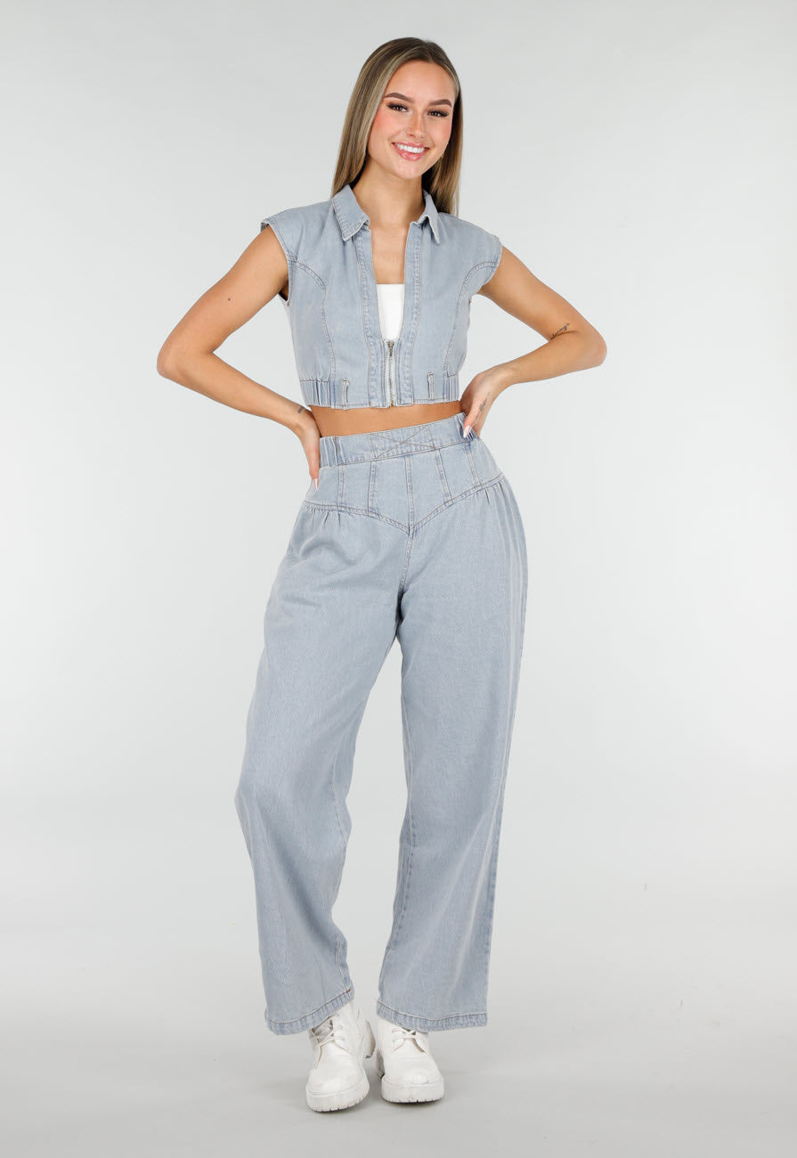 Blauwe Denim Set met Cropped Gilet en Broek