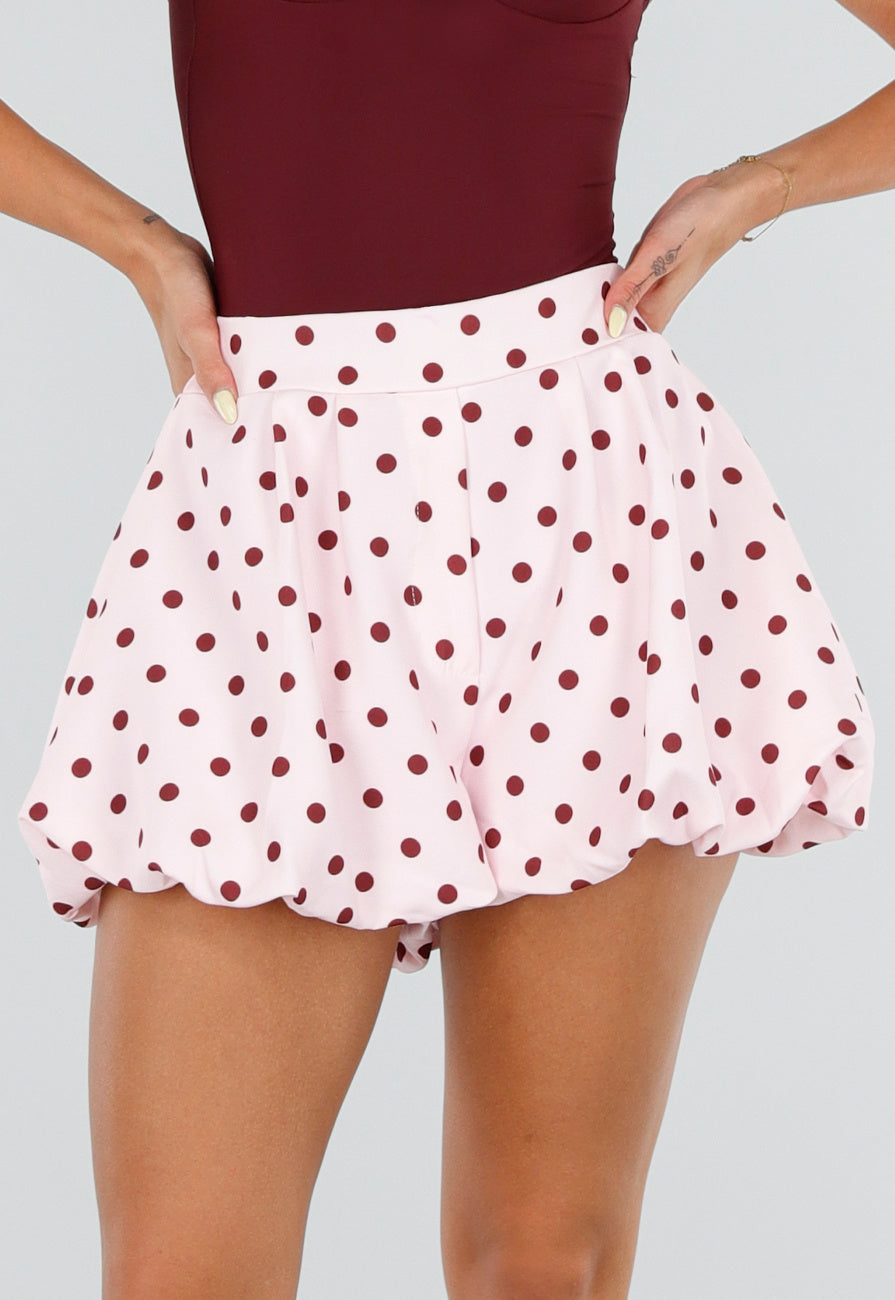 NEW120826 Roze Ballon Short met Bordeaux Stippen en Bubble Hem