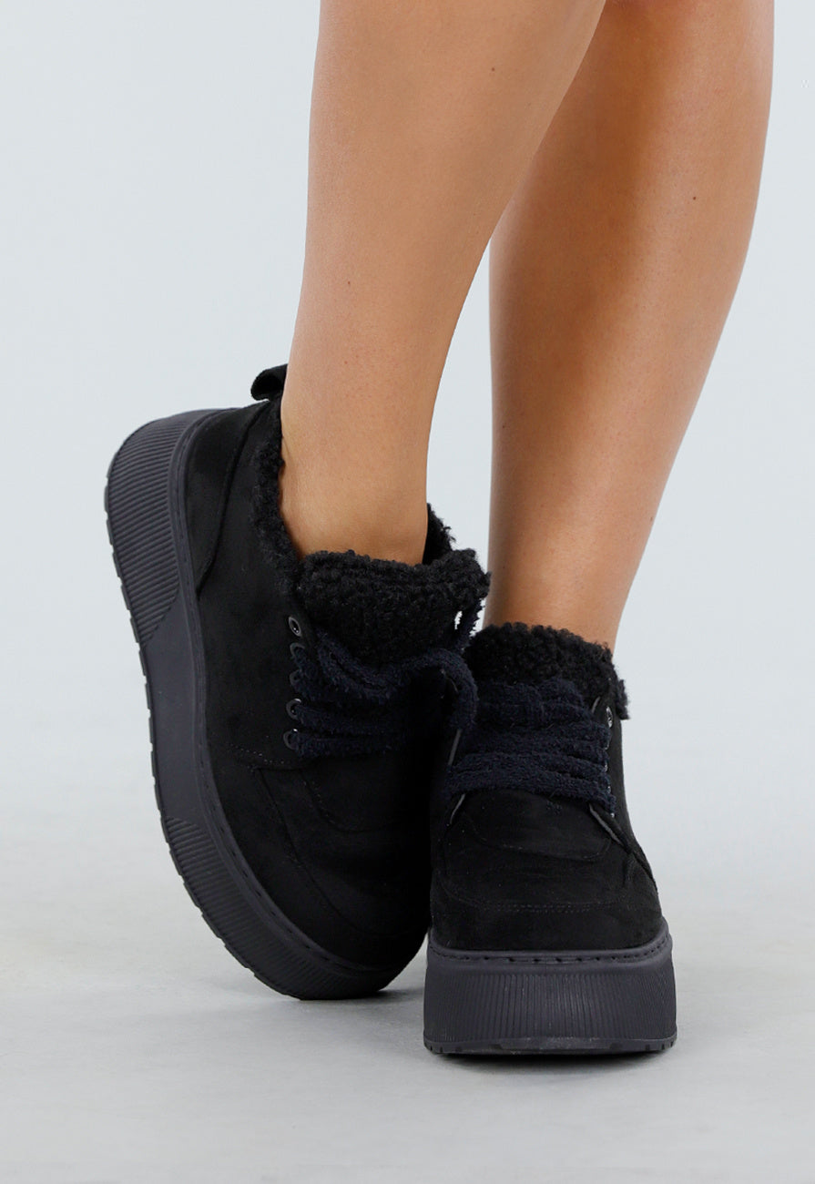 Zwarte Sneakers met Bontvoering en Dikke Platformzool met Veters en Rits