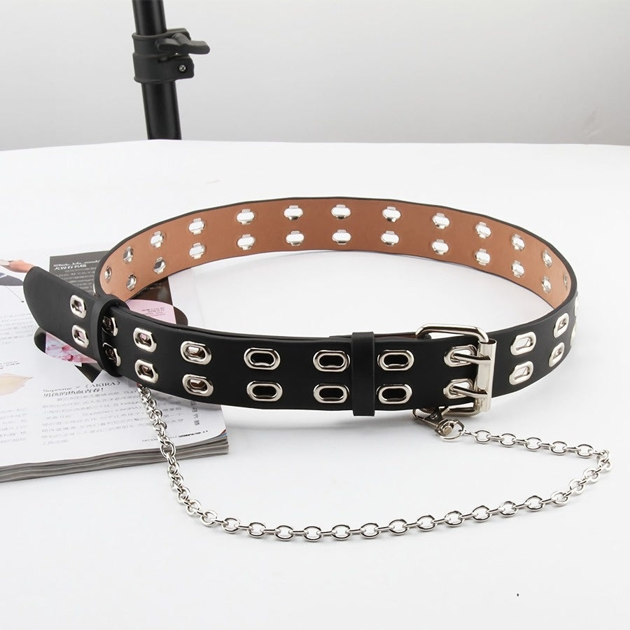Zwarte Riem met Dubbele Ringen en Ketting