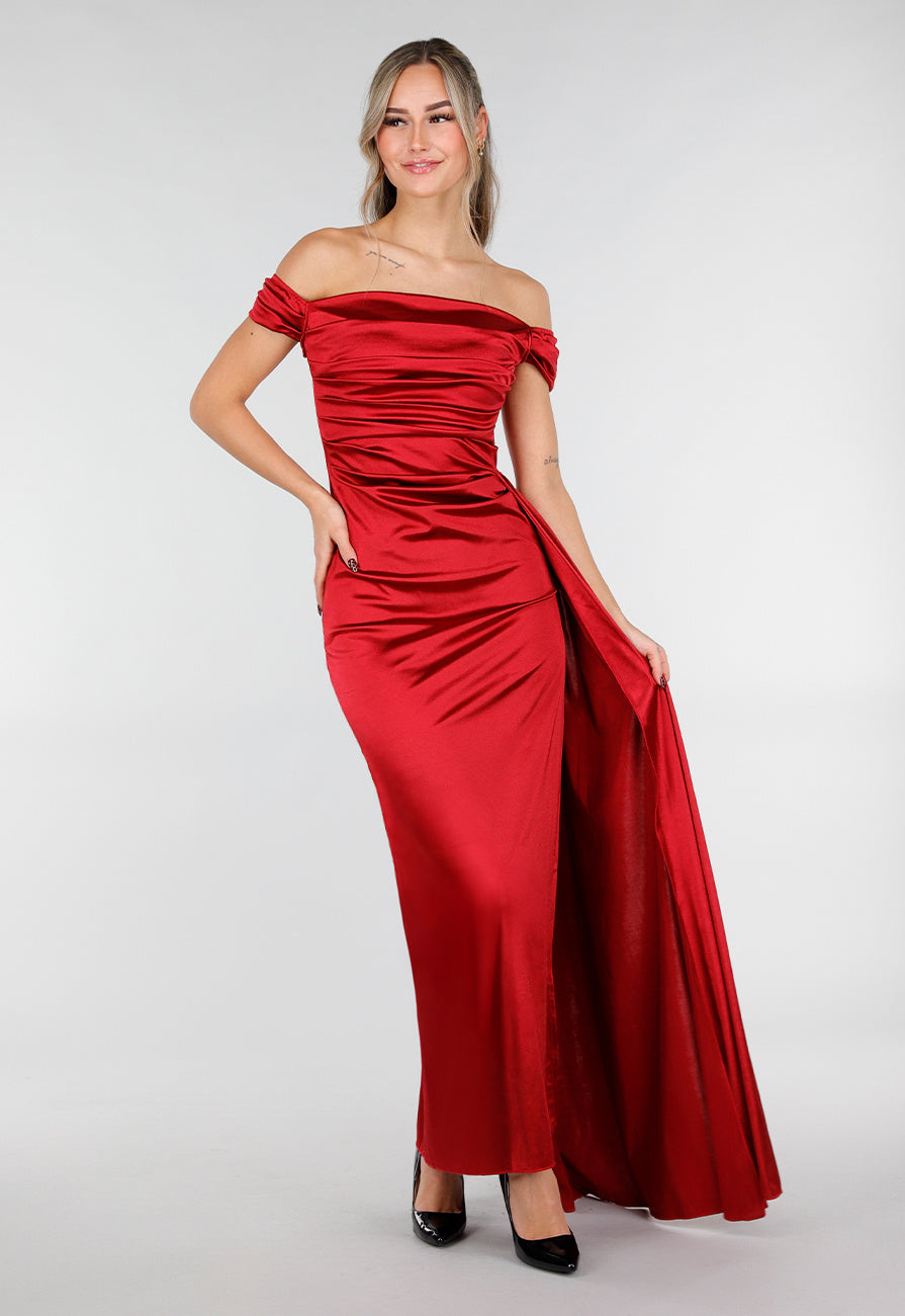 Felrode Off Shoulder Maxi Jurk in Satijn