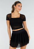 Zwarte Mesh Crop Top met Korte Mouwen en Pads