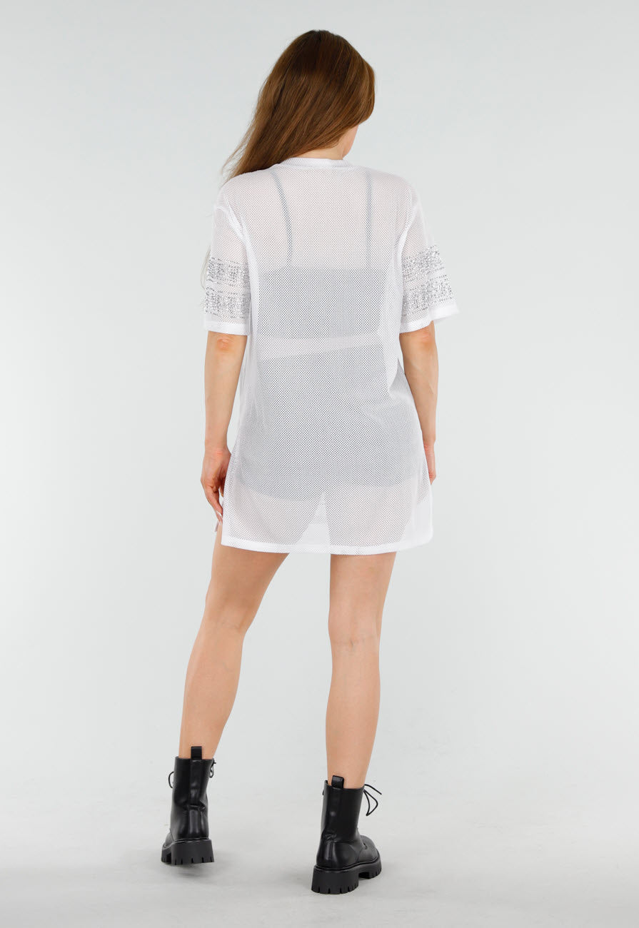 Witte Mesh T-Shirtjurk met Zilveren Glitters en Jerseyprint