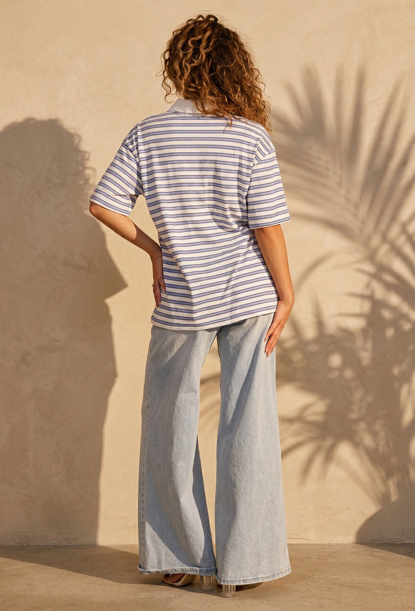 Wit Blauwe Gestreepte Polo Top met Kraag en Korte Mouwen