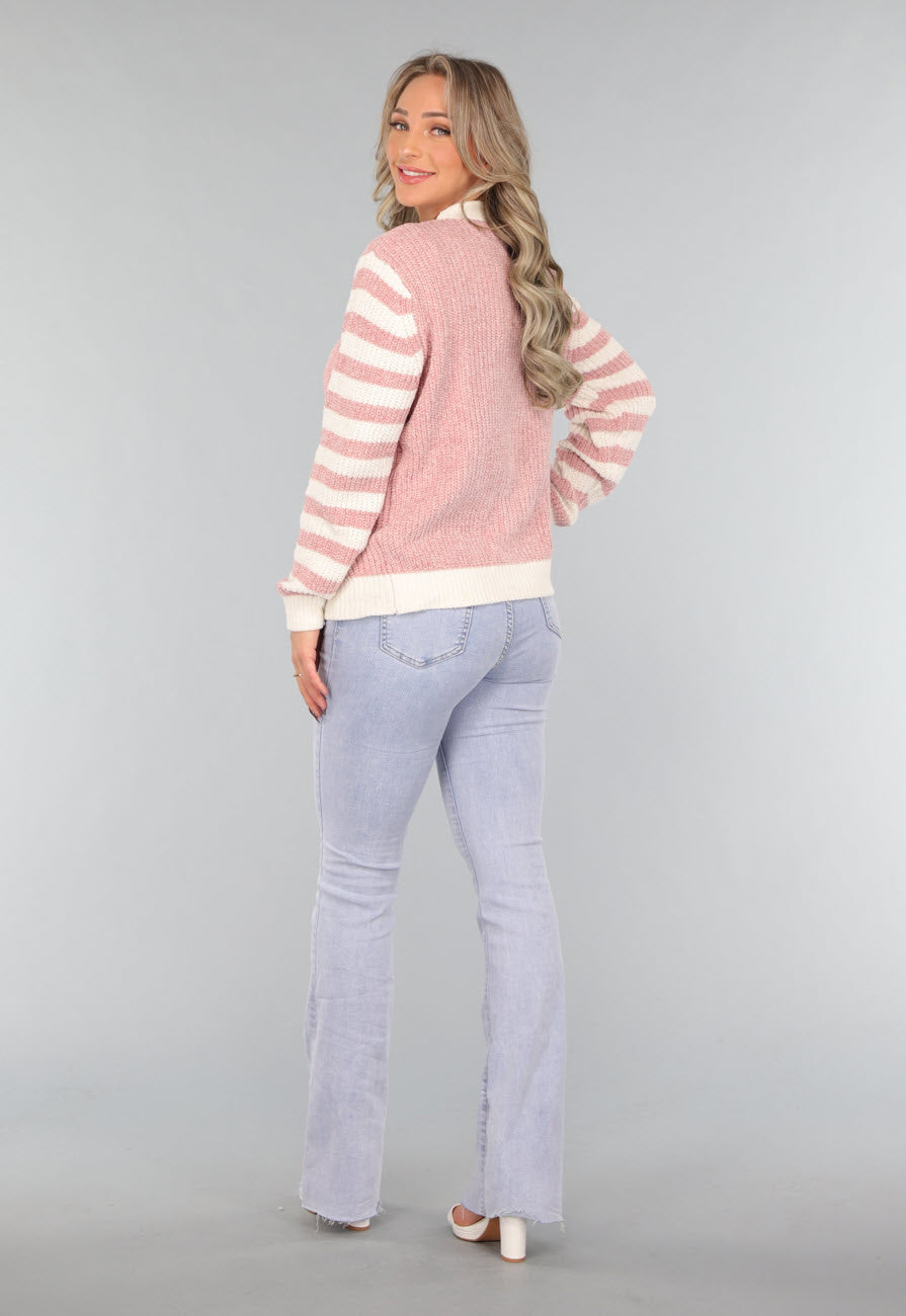 Oudroze Vest met Gestreepte Mouwen