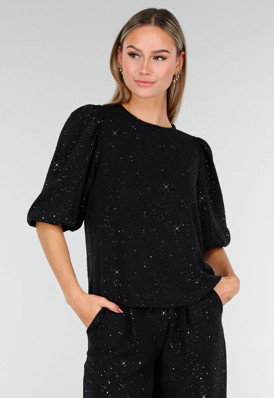 Zwarte Galaxy Glitter Top met Elastische Pofmouwen