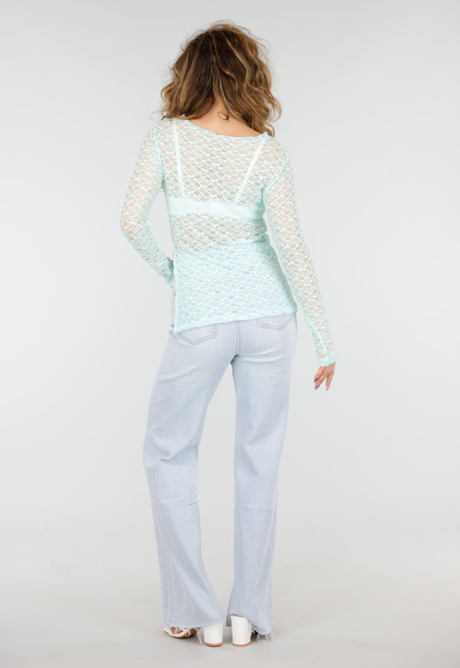 Mintgroene Kanten Top met Lange Mouwen en Stretch
