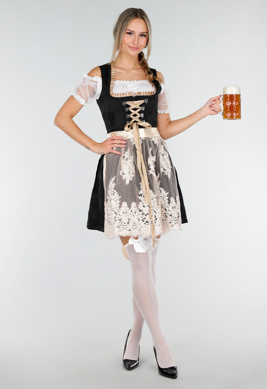 Zwart Oktoberfest Jurkje met Kant Strik en Beige Schort