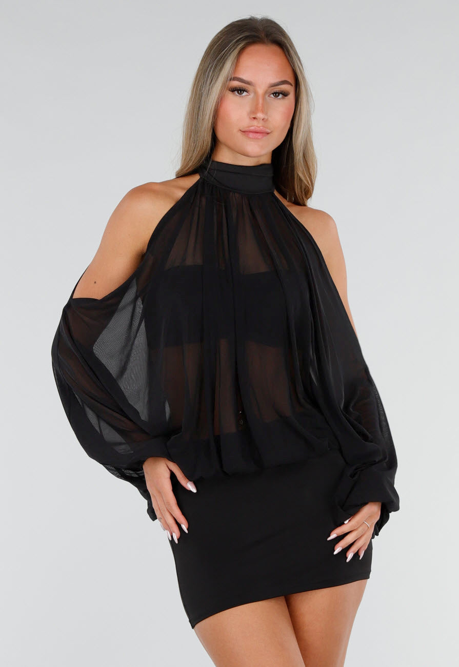 NEW150726 Zwarte Mini Jurk met Open Schouders En Chiffon Mouwen