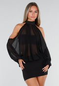 NEW150726 Zwarte Mini Jurk met Open Schouders En Chiffon Mouwen
