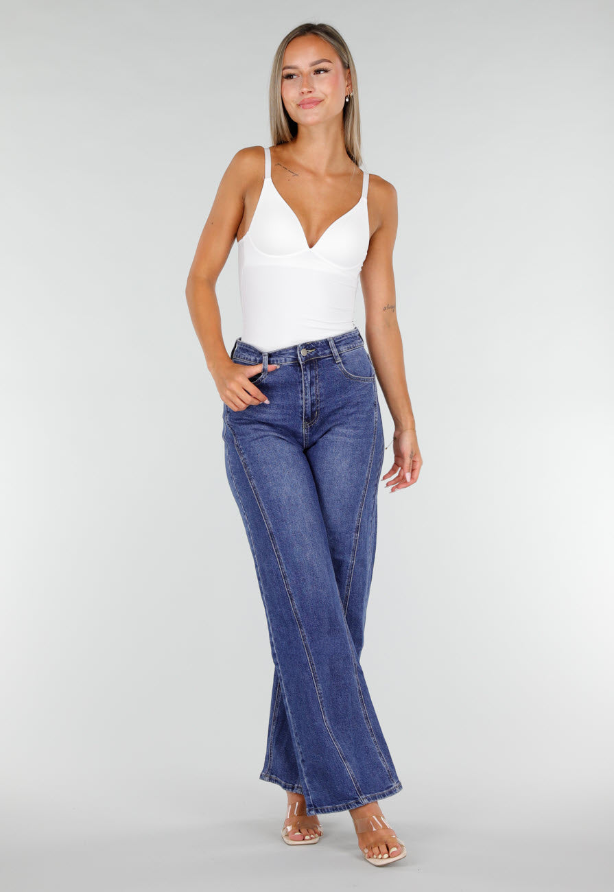 NEW020926 Blauwe High Waist Wide Leg Jeans met Sierstiksels en Zakken
