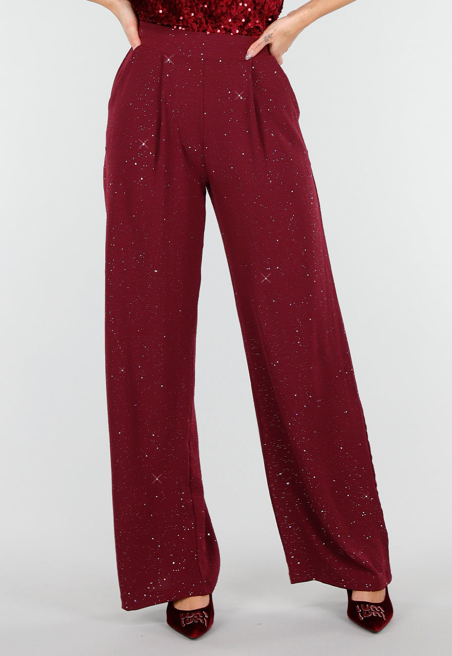 Bordeauxrode Linnenlook Glitter Pantalon met Stretchband