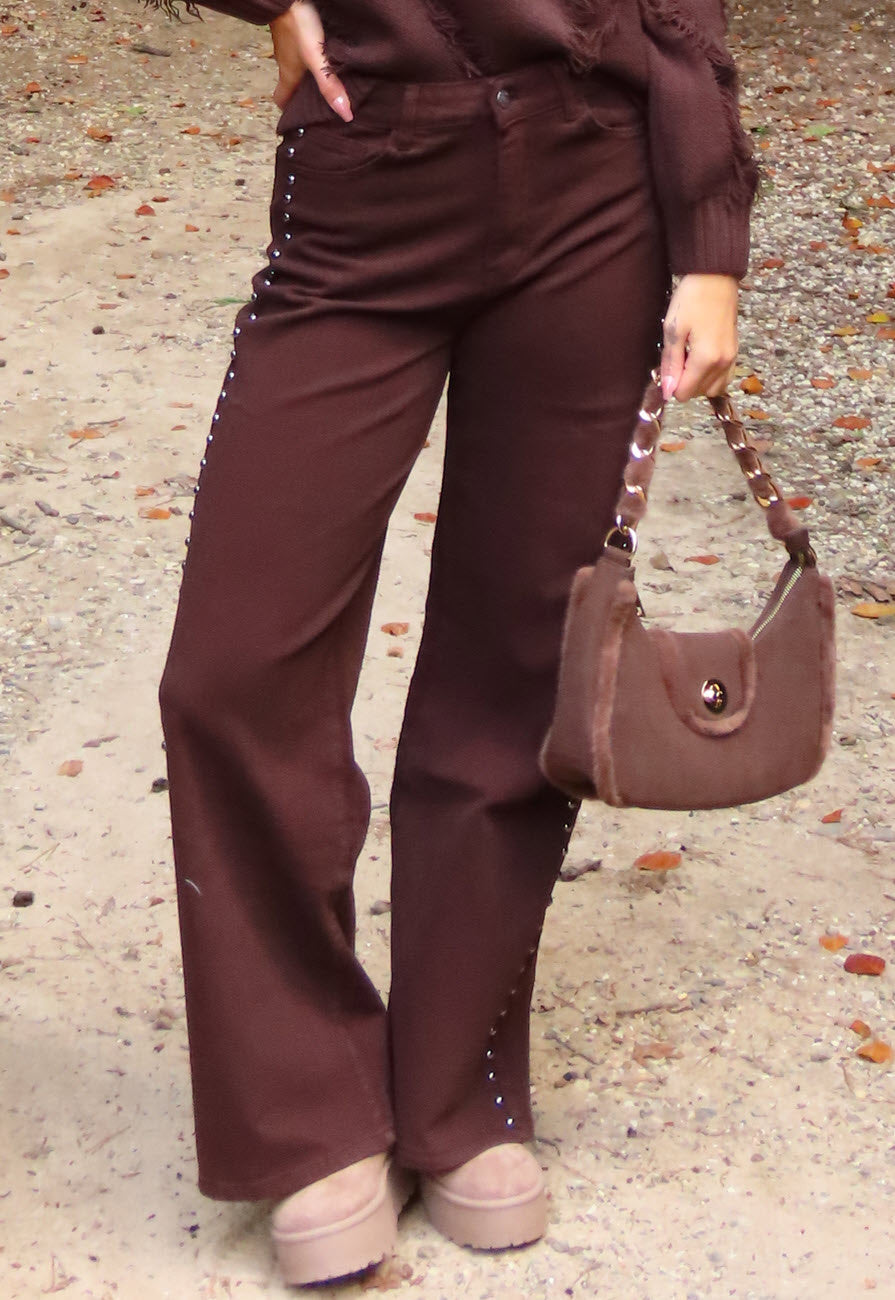Donkerbruine High Waist Wide Leg Jeans met Zilveren Studs