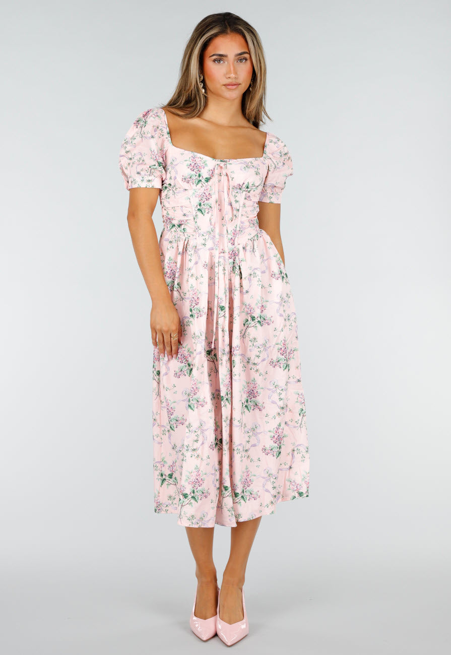 NEW190826 Roze Midi Jurk met Bloemenprint, Pofmouwen en Veterdetail