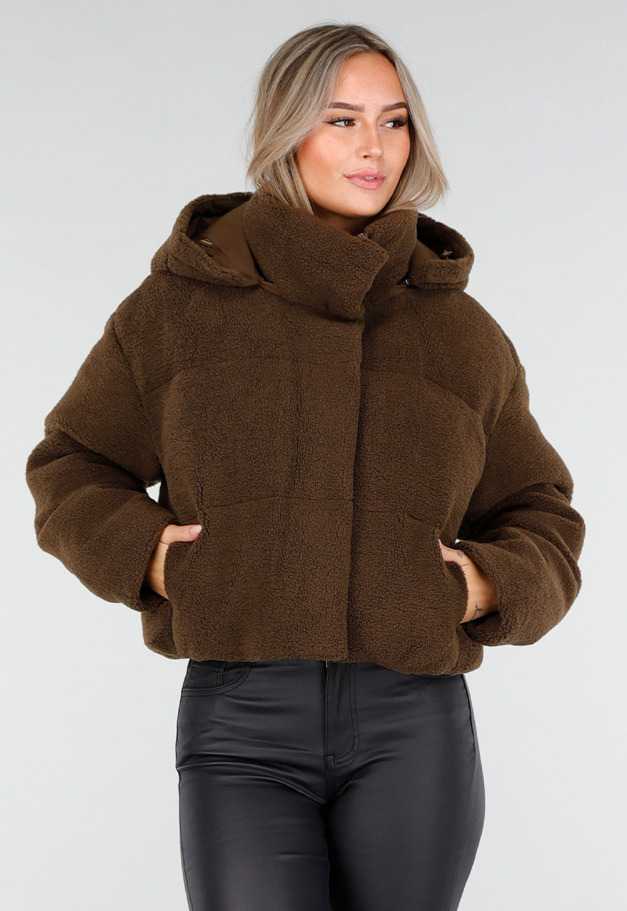 Bruine Teddy Puffer Jas met Hoge Kraag en Capuchon