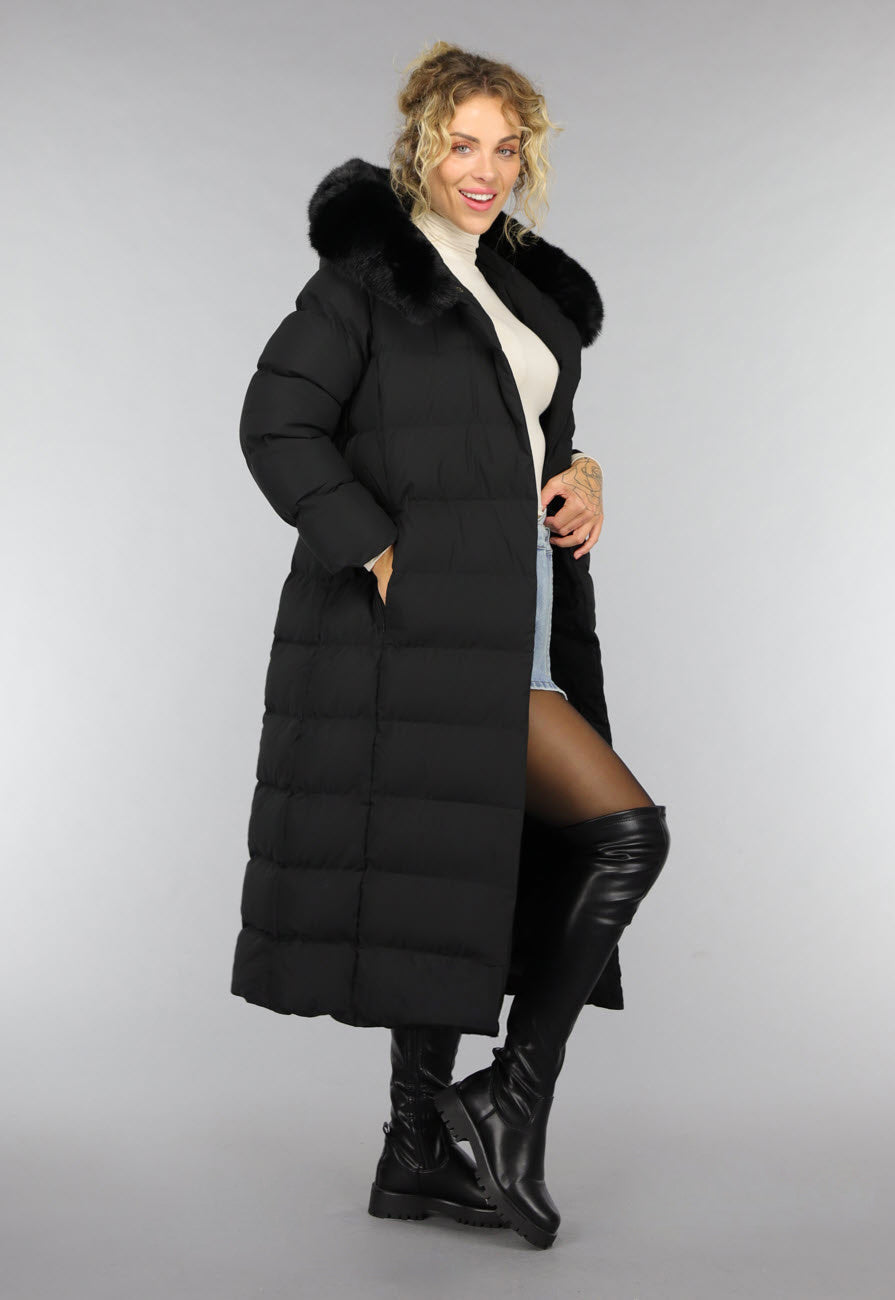 Zwarte Lange Pufferjacket met Bontkraag