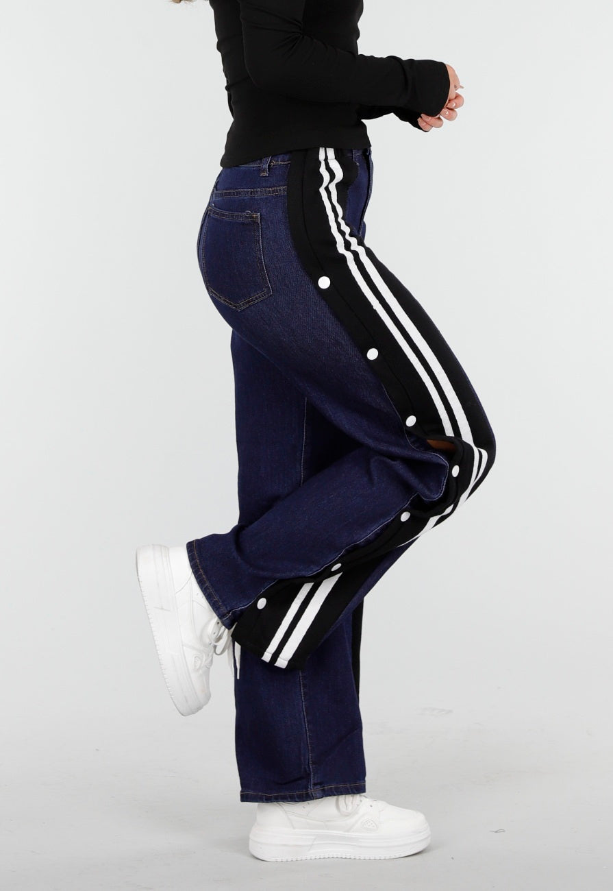 Denim Wide Leg Broek met Zwarte Zijkanten en Strepen