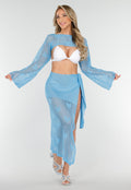 Blauwe Gehaakte Cover-Up Set met Hartjesmotief en Bijpassende Bolero
