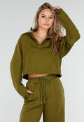 Olijfgroene Cropped Lounge Trui met Halve Rits en Hoge Kraag