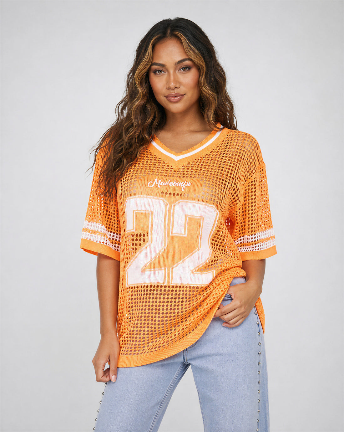 Oranje Jersey Shirt met Cijferprint en Korte Mouwen