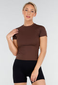 Bruine Sporttop met Ronde Hals, Korte Mouwen en Stretch