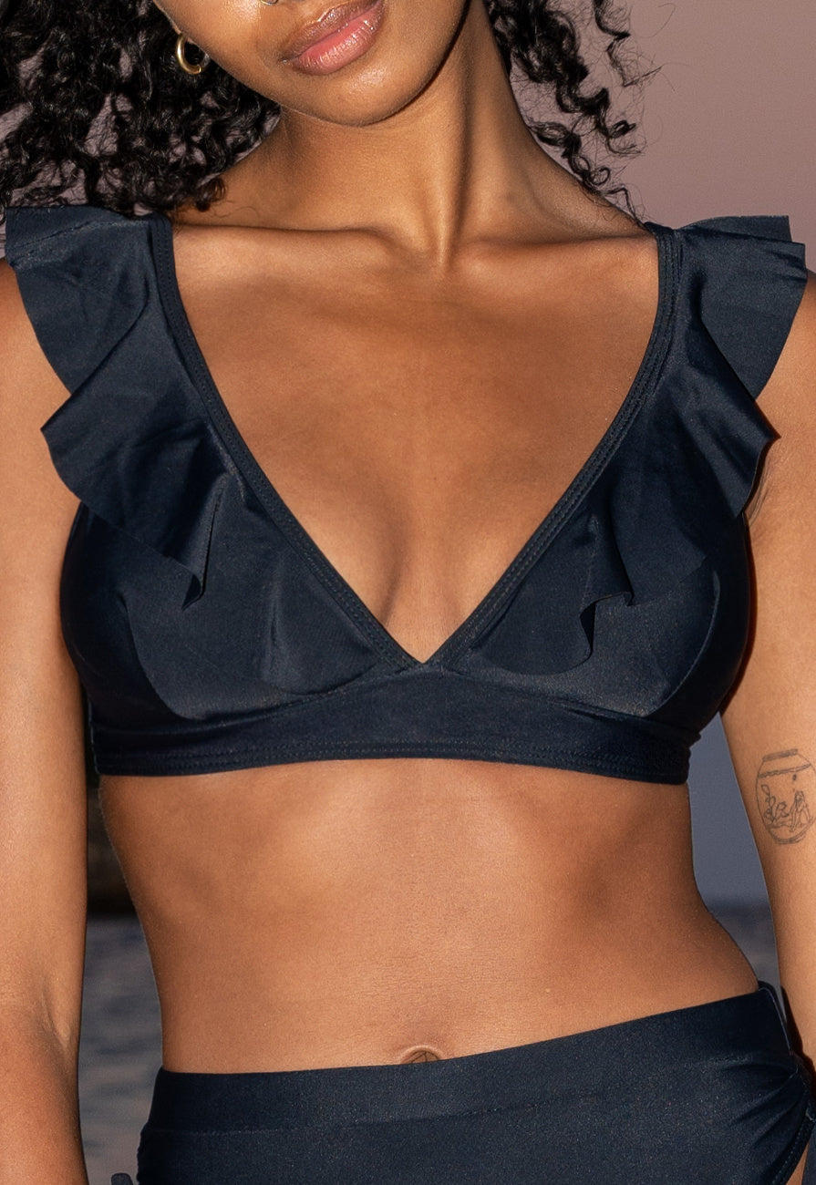 Zwarte Ruffle Bikini Top met Strikdetail