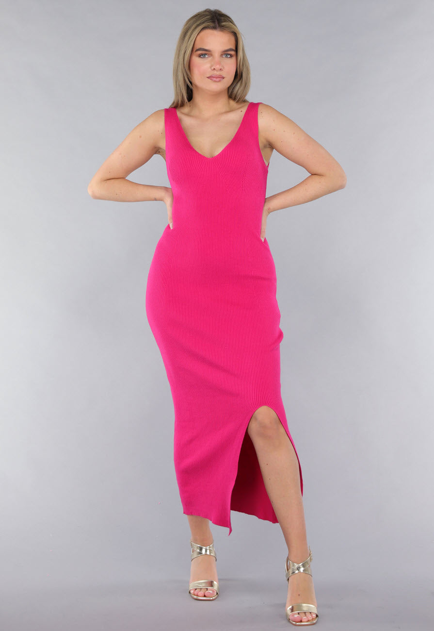 Fuchsia Jurk in Midi Model met Split en V Hals