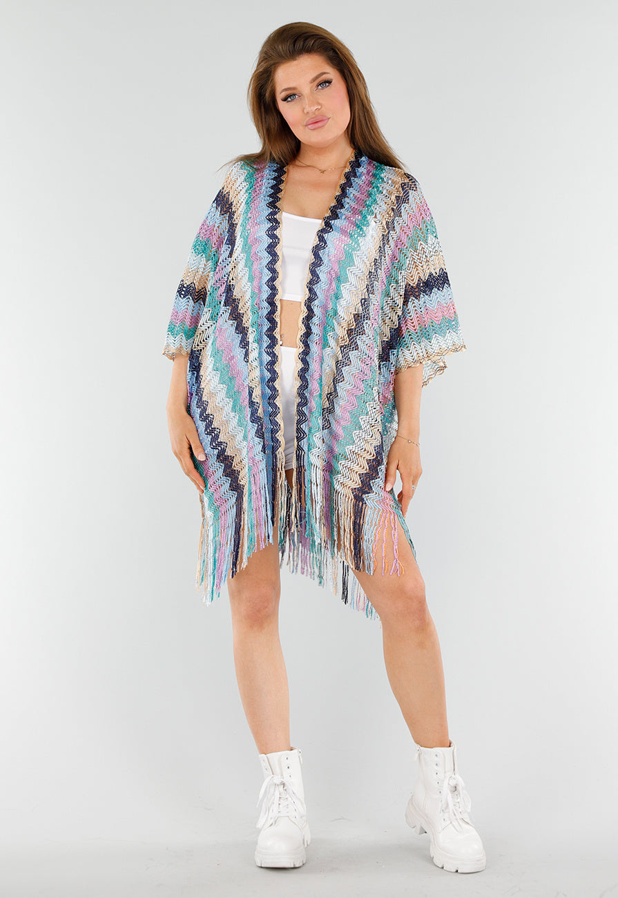 Pastel Zigzag Cover-Up met Franjes en Open Gehaakt Motief
