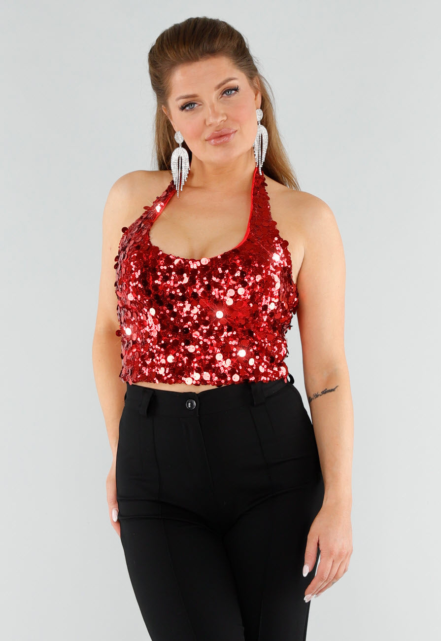 Rood Pailletten Halter Top met Open Rug