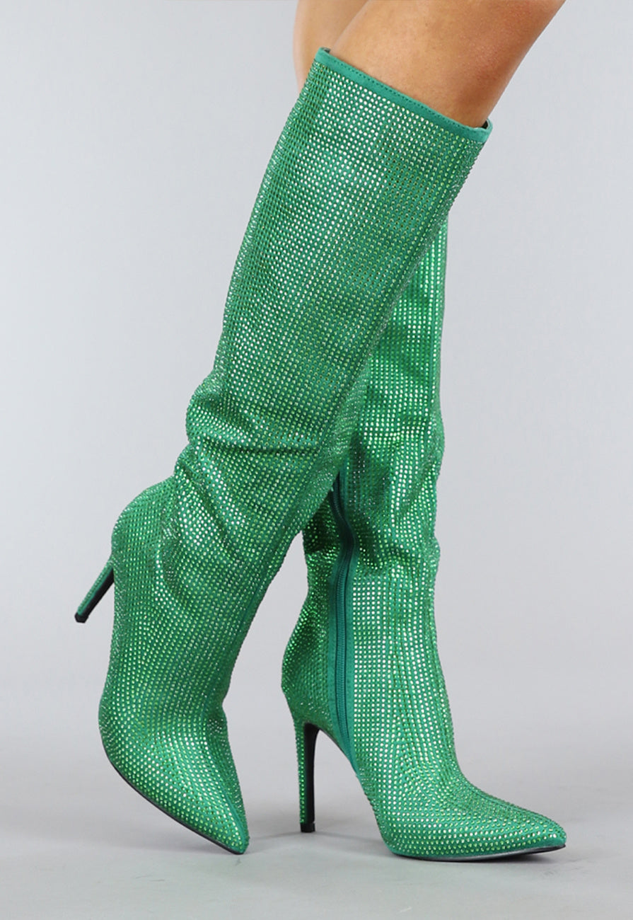 Lange Groene Glitter Laarzen met Stiletto Hak