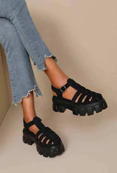 Zwarte Suède Sandalen met Gesp en Meerdere Banden en Grove Zool