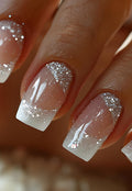 Vierkante Witte Ombre French Kunstnagels met Zilveren Glitters Swirl