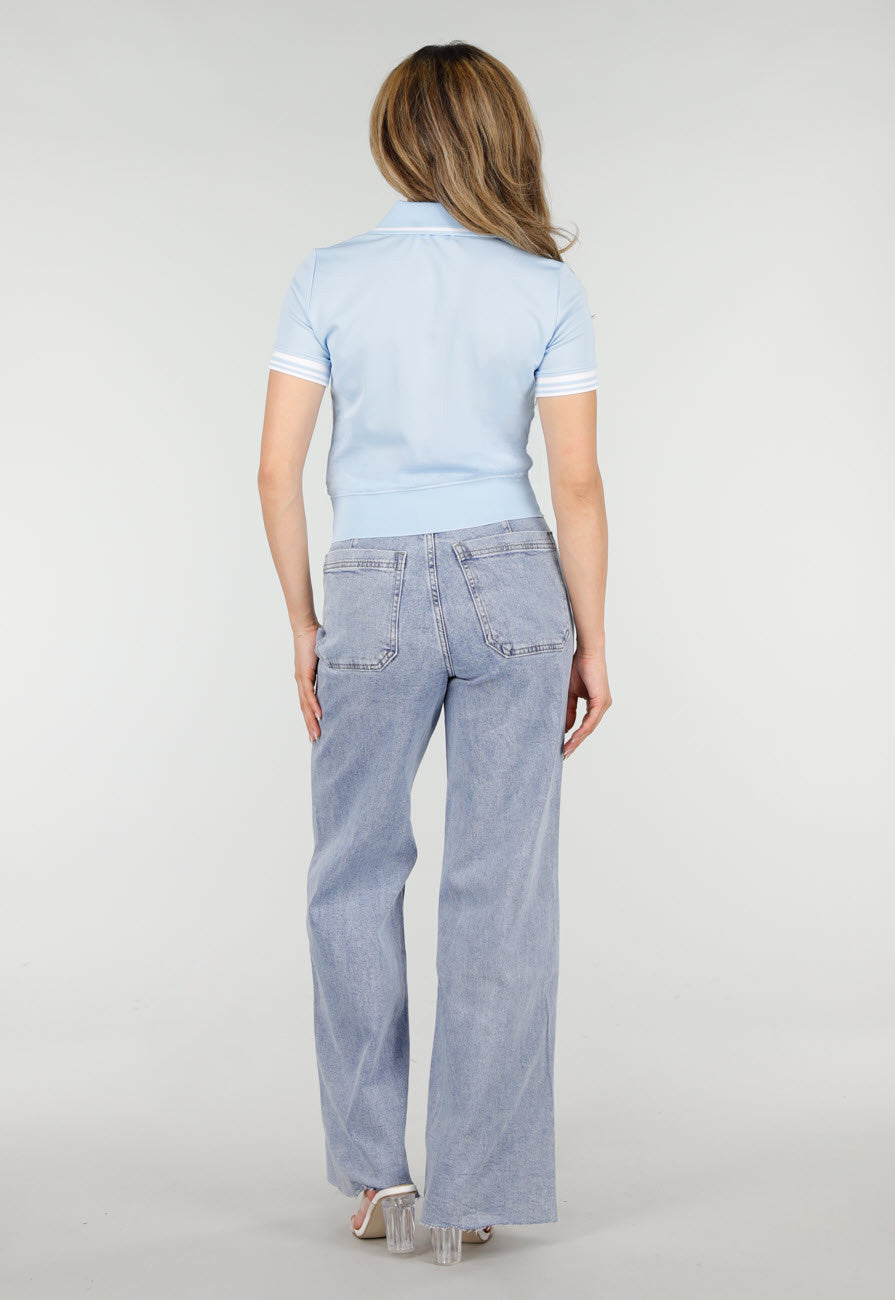 Lichtblauwe Cropped Polo Top met Kraag Knoopsluiting en Strepen