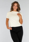 Beige Basic T-Shirt van Katoen met Stretch, Korte Mouwen en Losvallende Pasvorm