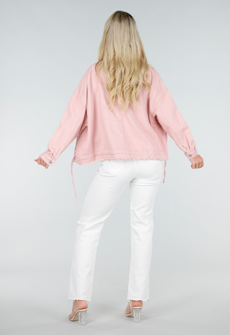 Roze Denim Jas met Klepzakken en Trekkoord